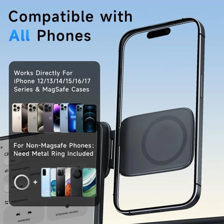 A black magnetic phone holder is shown compatible with various iPhones and includes a metal ring for non-MagSafe phones.