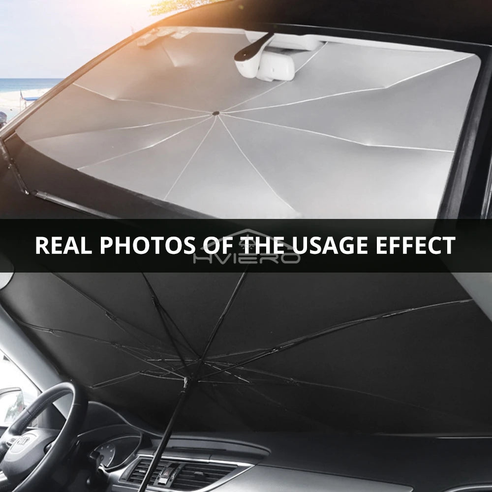 Photos réelles montrant l'effet d'un pare-soleil pliable de voiture sur le pare-brise à l'intérieur.