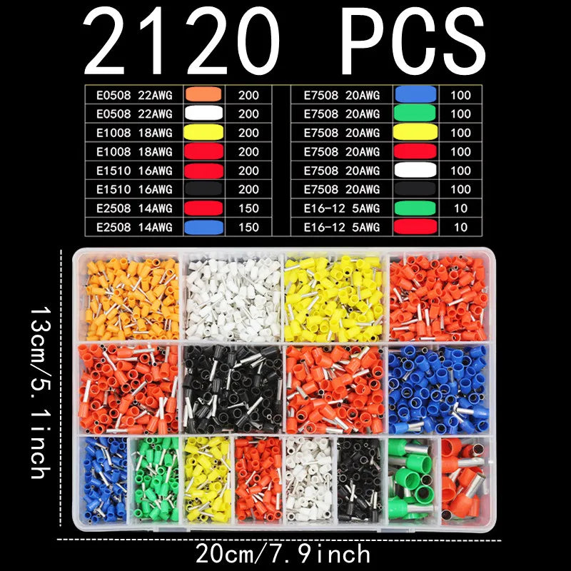 A variety of crimping terminals and connectors in different colors and sizes are displayed in plastic trays.