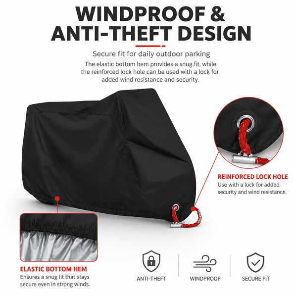 Black waterproof motorcycle and scooter cover featuring a reinforced lock hole, elastic bottom hem, and secure fit design.