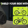 A black waterproof bicycle cover with reflective strips is displayed next to several bicycles.