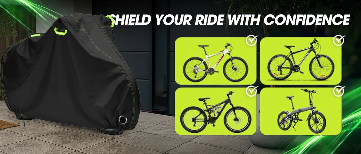 A black waterproof bicycle cover with reflective strips is displayed next to several bicycles.
