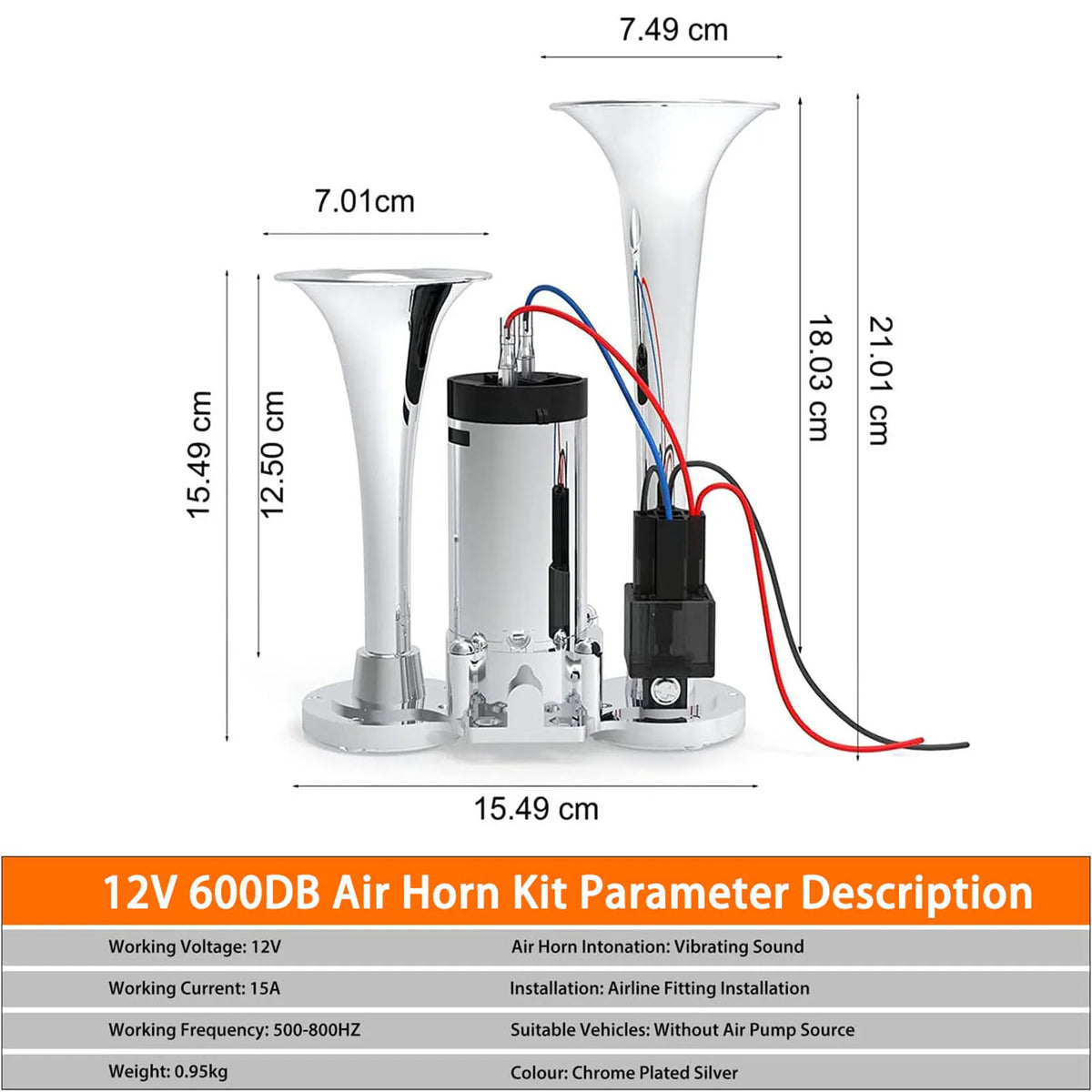 A silver air horn kit with a trumpet shape and various components shown next to its dimensions.