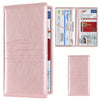 A pink leather card holder wallet for men's ID and license documents, shown next to a set of identification cards.