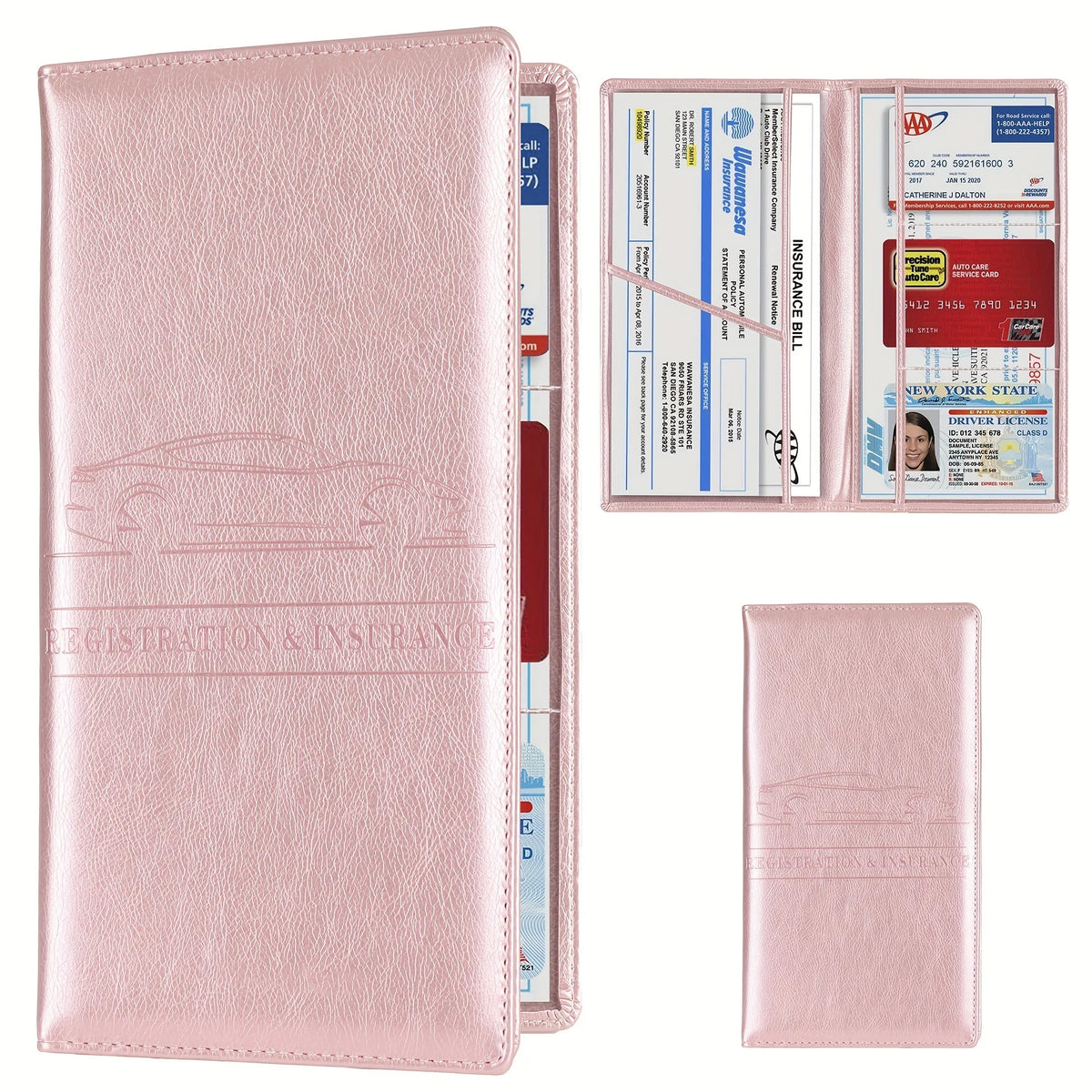 A pink leather card holder wallet for men's ID and license documents, shown next to a set of identification cards.