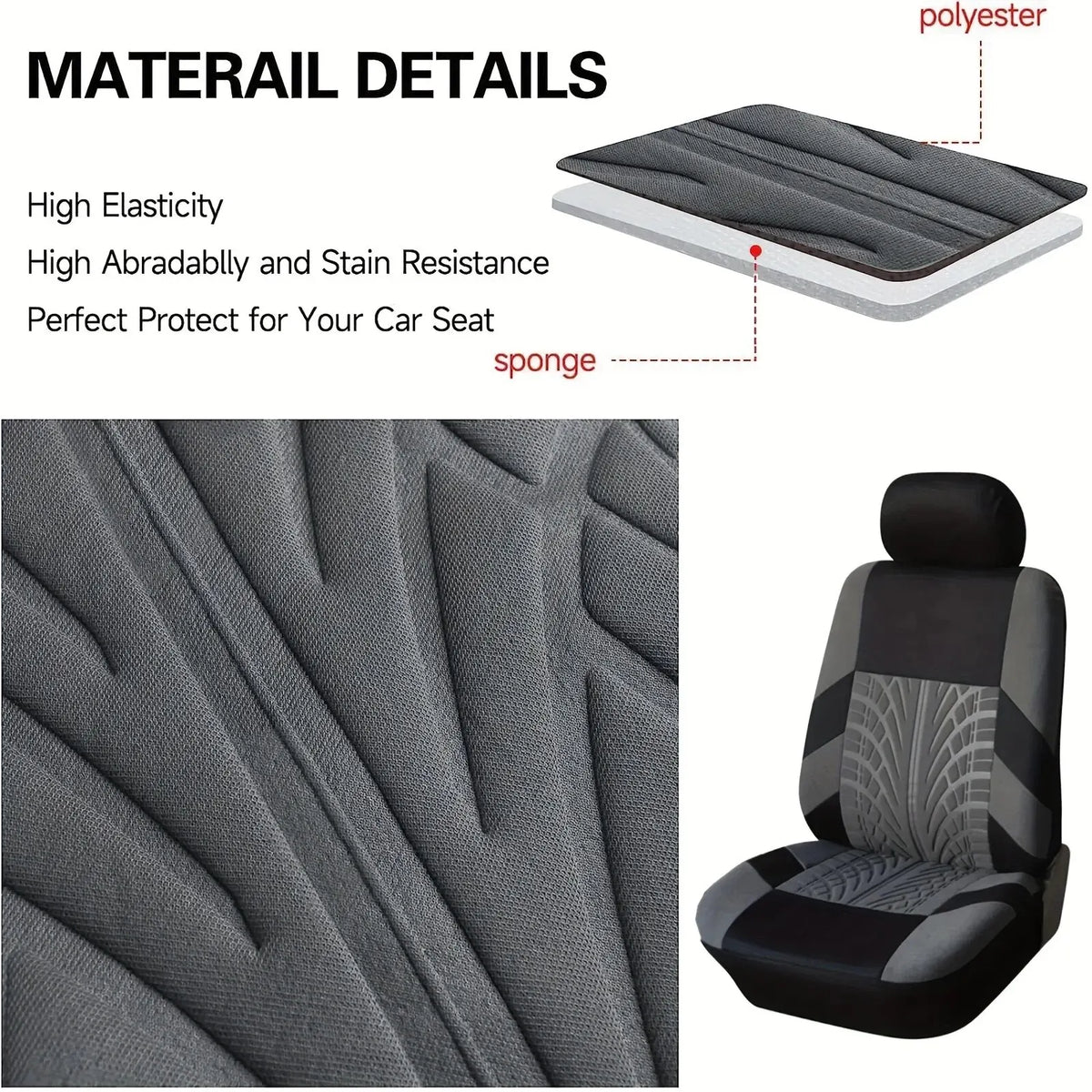 Close-up view of a gray car seat cover fabric showing textured stitching and pleats.