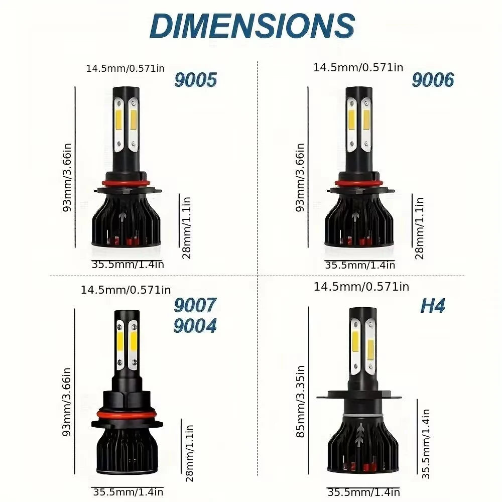 Diagram showing dimensions for various car LED bulbs including 9005, 9006, and H4 types.