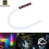 A flexible white LED light bar with a black and red accent, shown in various contexts.