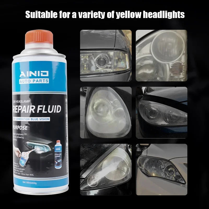 A bottle of AINID Auto Parts Repair Fluid suitable for yellow headlights, shown next to various headlight examples.