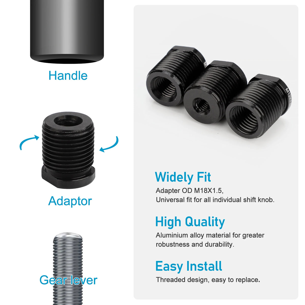 Set of aluminum shift knob adapters and a gear lever for universal fit