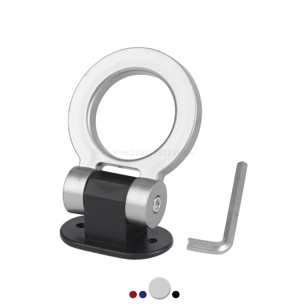 Silver decorative racing tow hook sticker for car bumpers with a metal mounting plate and a straight hook.