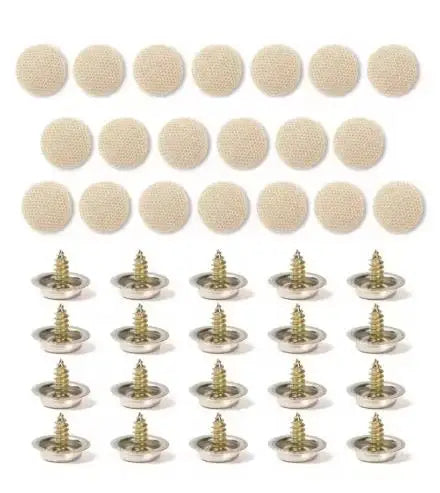 A collection of small, round, beige or light tan fasteners used for auto headliner repair.
