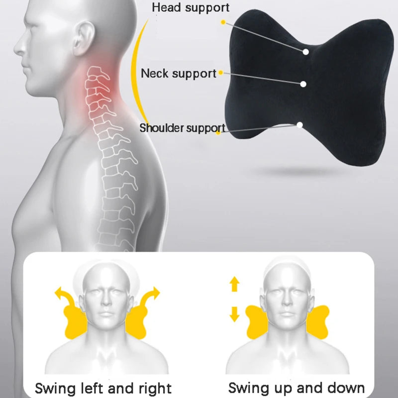 Black memory foam neck pillow with supports for head, neck, and shoulder, shown in various swing motions.