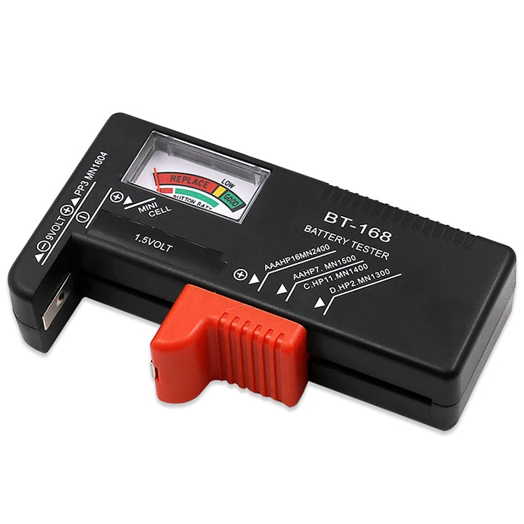 Black battery tester device showing a color-coded indicator for voltage measurement