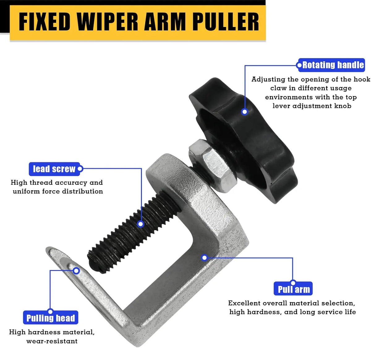 A close-up view of a fixed wiper arm puller tool showing its components like the rotating handle and pull arm.