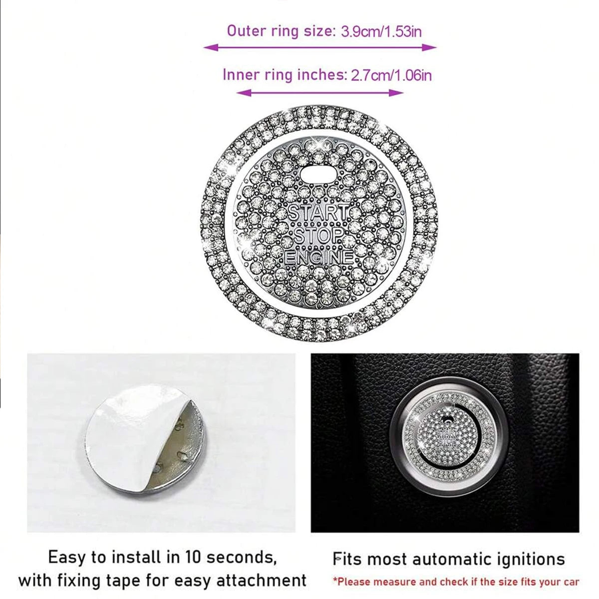 A close-up view of a rhinestone car start button cover showing inner and outer ring dimensions.