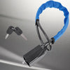 A blue anti-theft lock with a flexible cord and a metal key is shown against a gray surface.