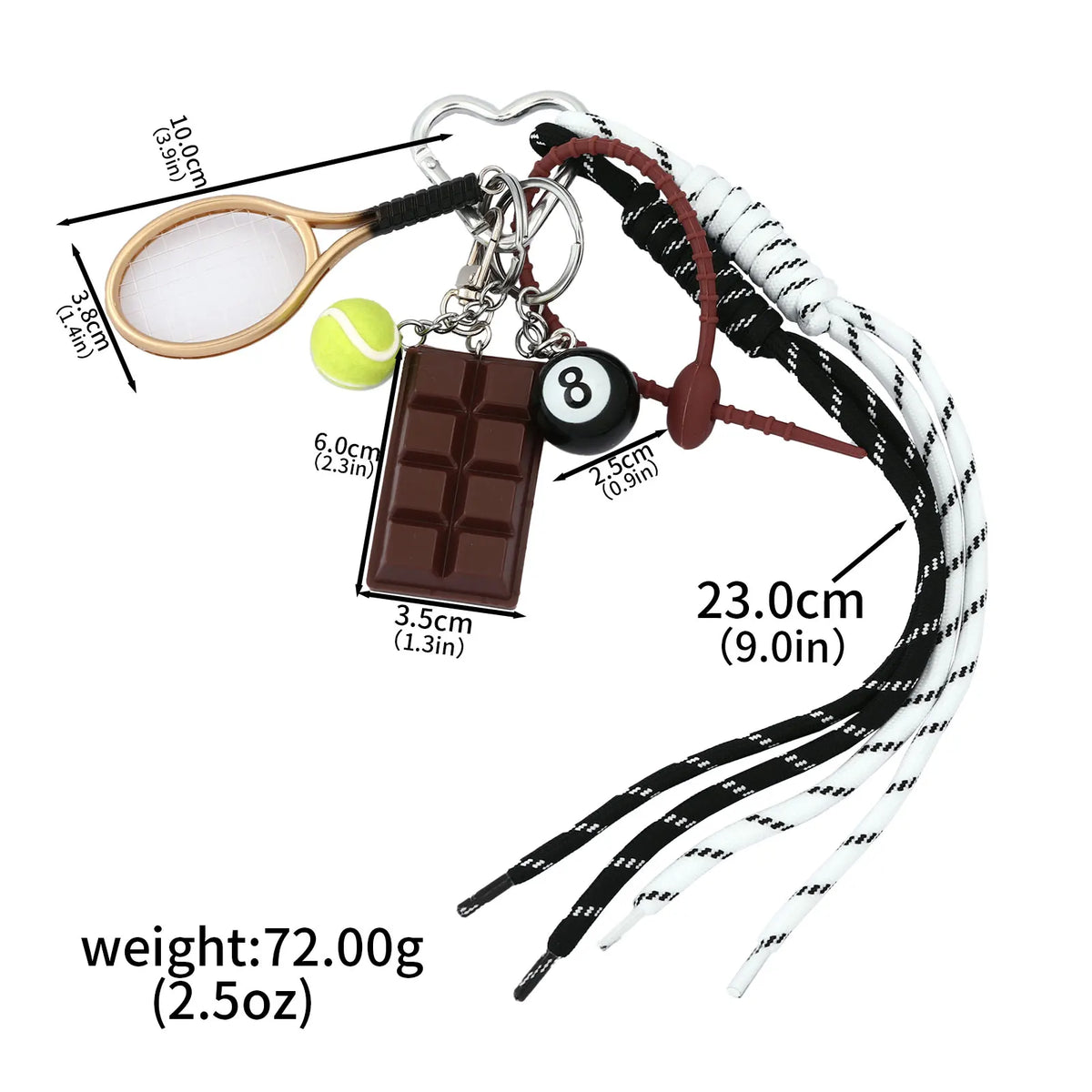 A sporty billiard bag charm keychain featuring a wooden spoon, chocolate bar, and black and white striped cord.