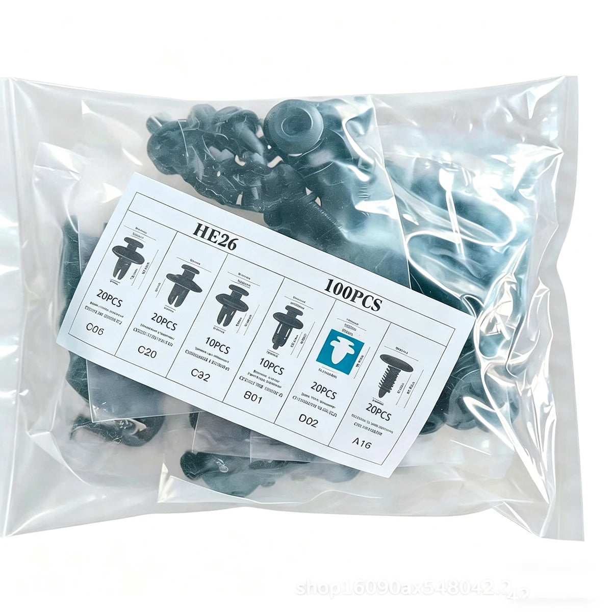 A clear plastic bag containing various universal auto fastener clips and hardware for car body trim.