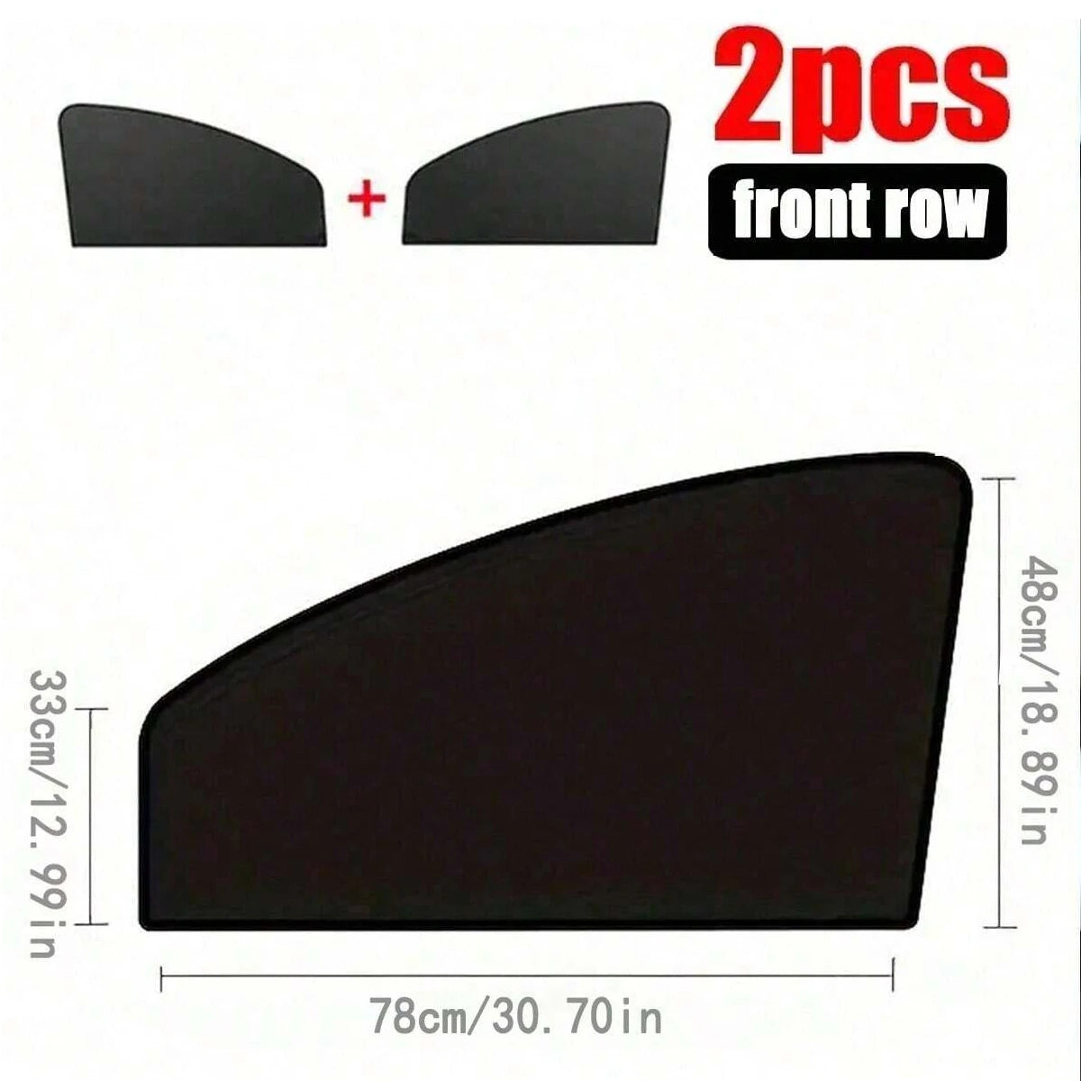 Two black magnetic car window sunshades, one is shown in detail with dimensions 48cm x 78cm.