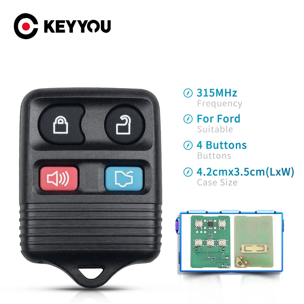 A black universal remote car key transmitter with four buttons and a battery compartment is shown.