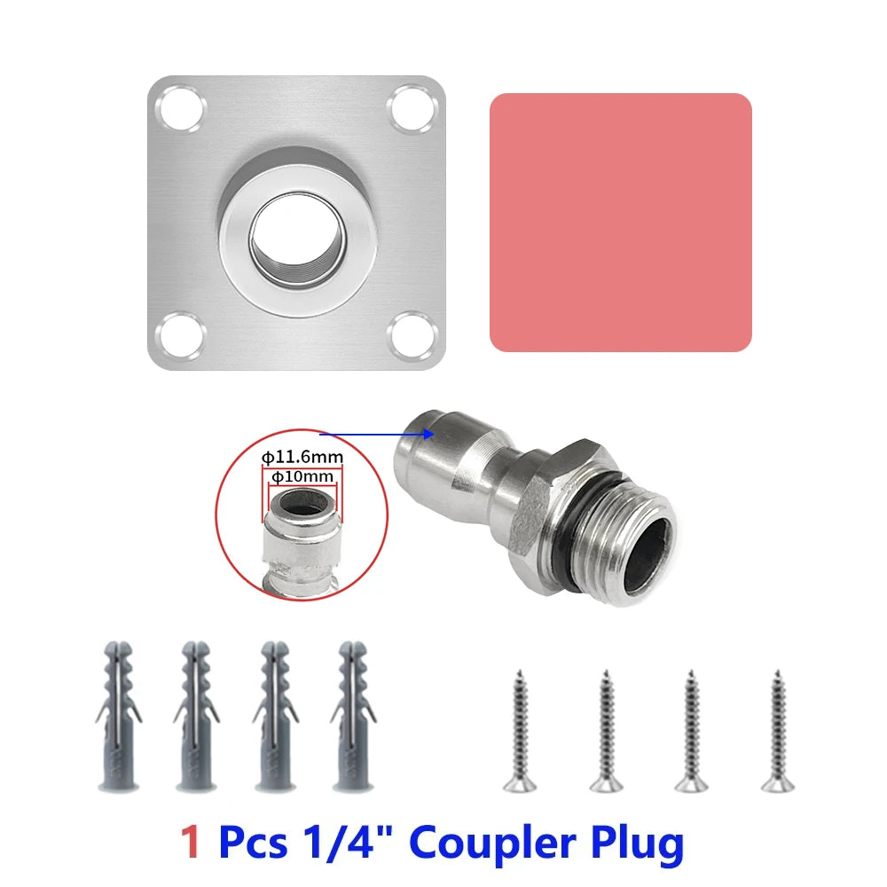 Un raccord de 1/4 de pouce et une plaque en acier inoxydable pour le support de stockage d'un canon à mousse.