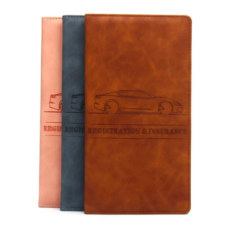 A brown leather document and ID holder with a pink and dark blue colored sleeve.