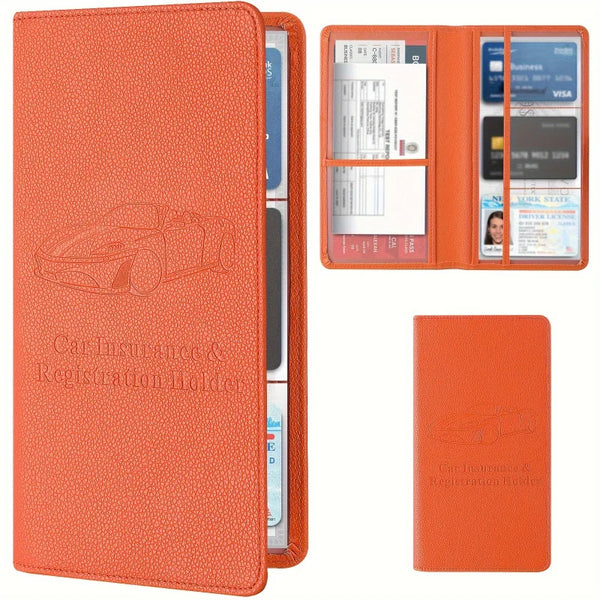 An orange faux leather car document organizer with a clear plastic sleeve and an interior display for various documents.