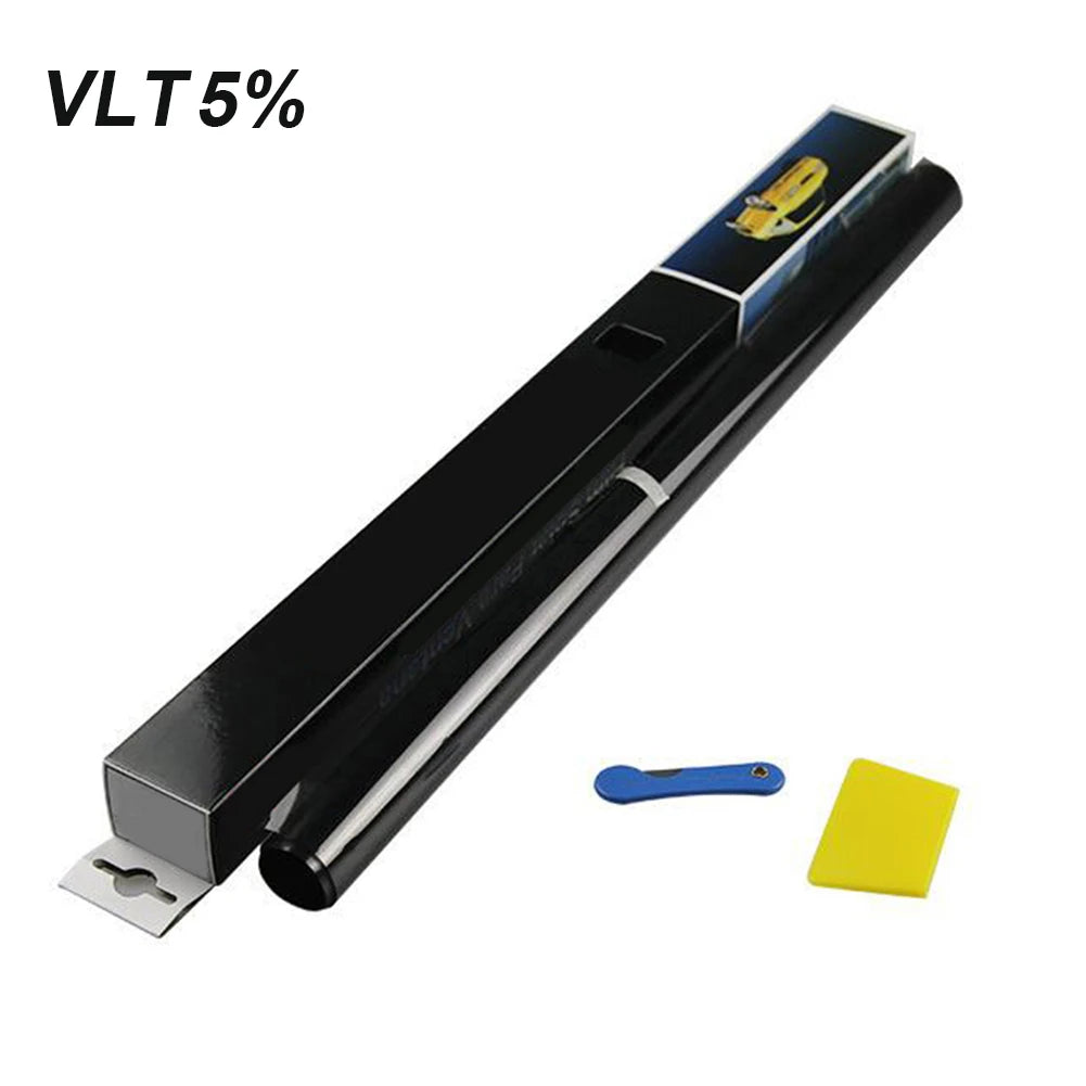 A black window tint film roll with a yellow component visible, shown at an angle.
