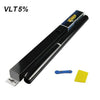A black window tint film roll with a yellow component visible, shown diagonally.