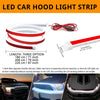 A roll of red and white LED car hood light strip with a wiring harness and examples of its installation on a vehicle.
