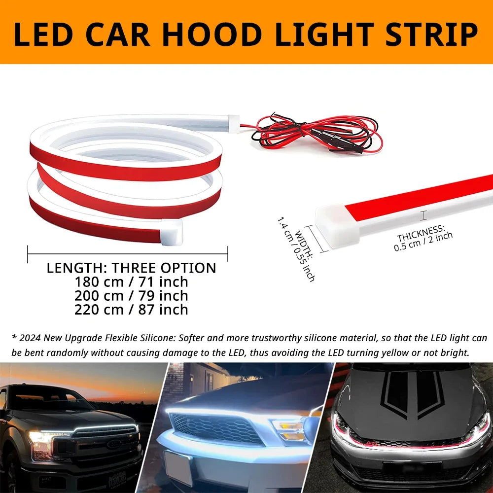 A roll of red and white LED car hood light strip with a wiring harness and examples of its installation on a vehicle.