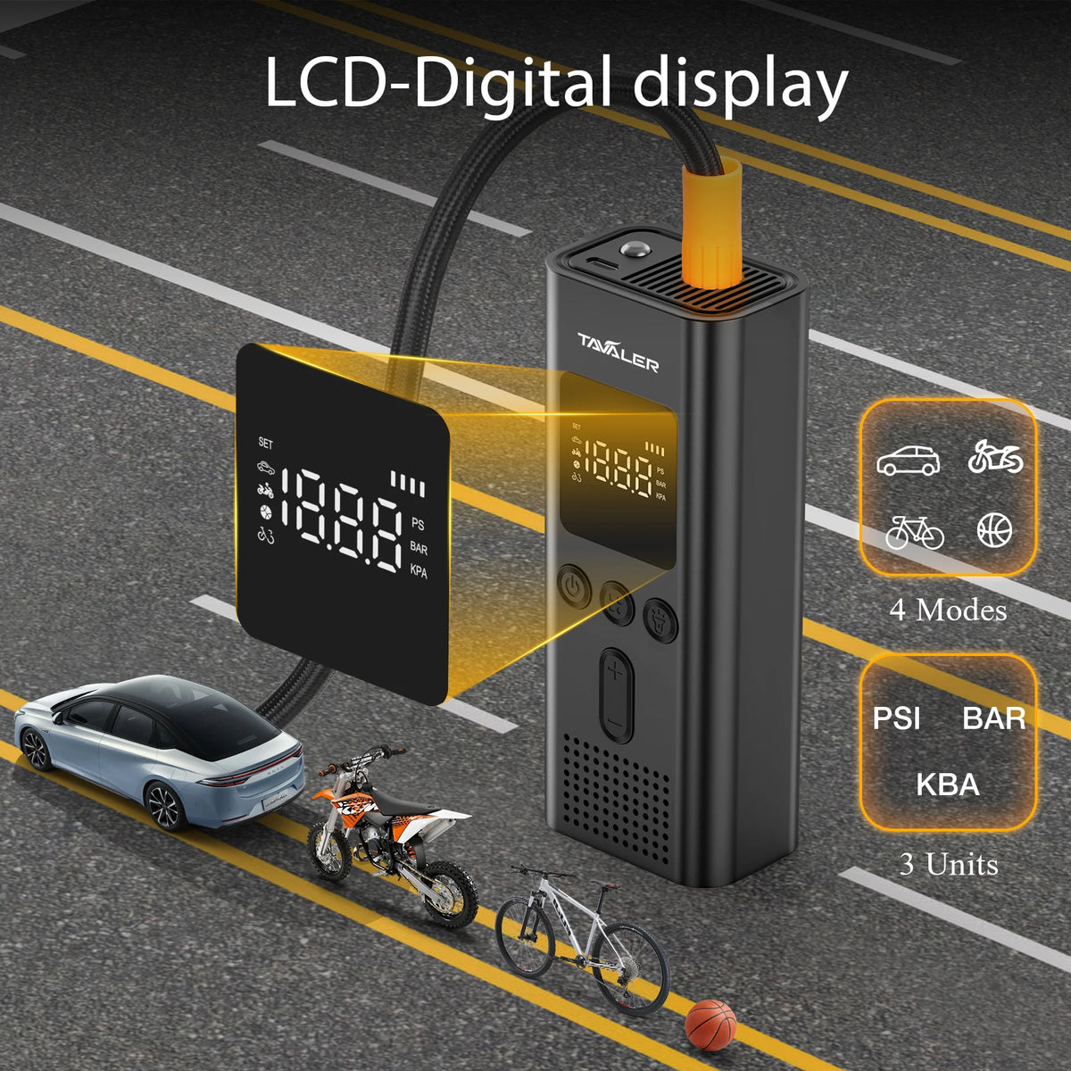 A black portable LCD digital display tire inflator is shown with various modes and units, placed on an asphalt road with a ca