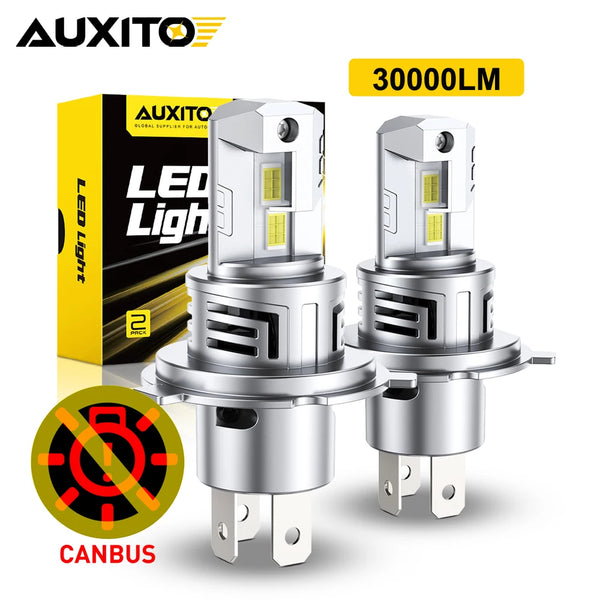 Two silver LED light bulbs with cooling fans are shown next to their packaging and a CANBUS logo.