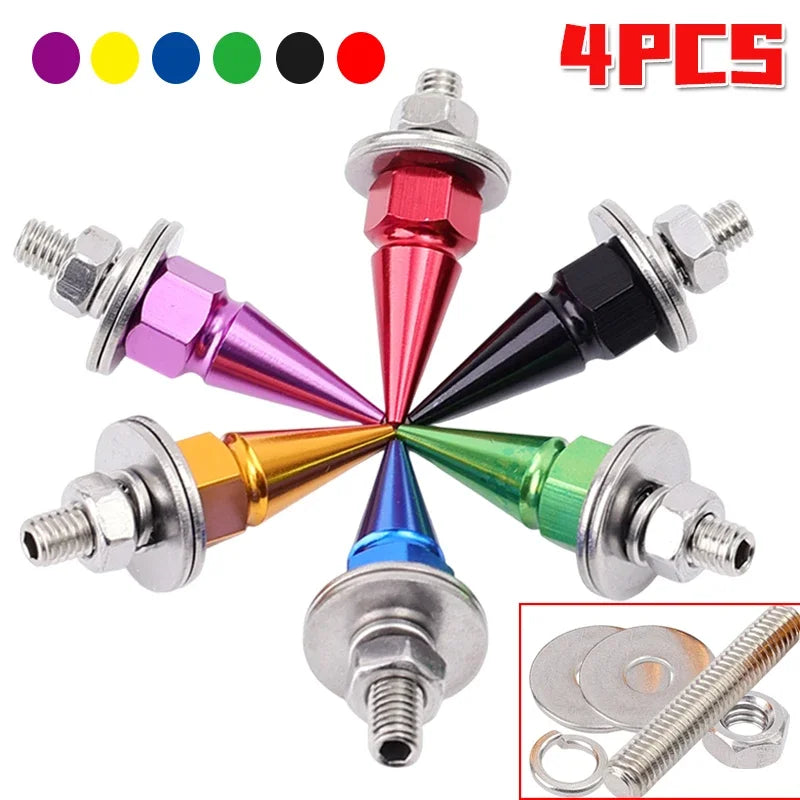 Four multi-color M6 license plate fixing screws with hexagonal heads and threaded tips.