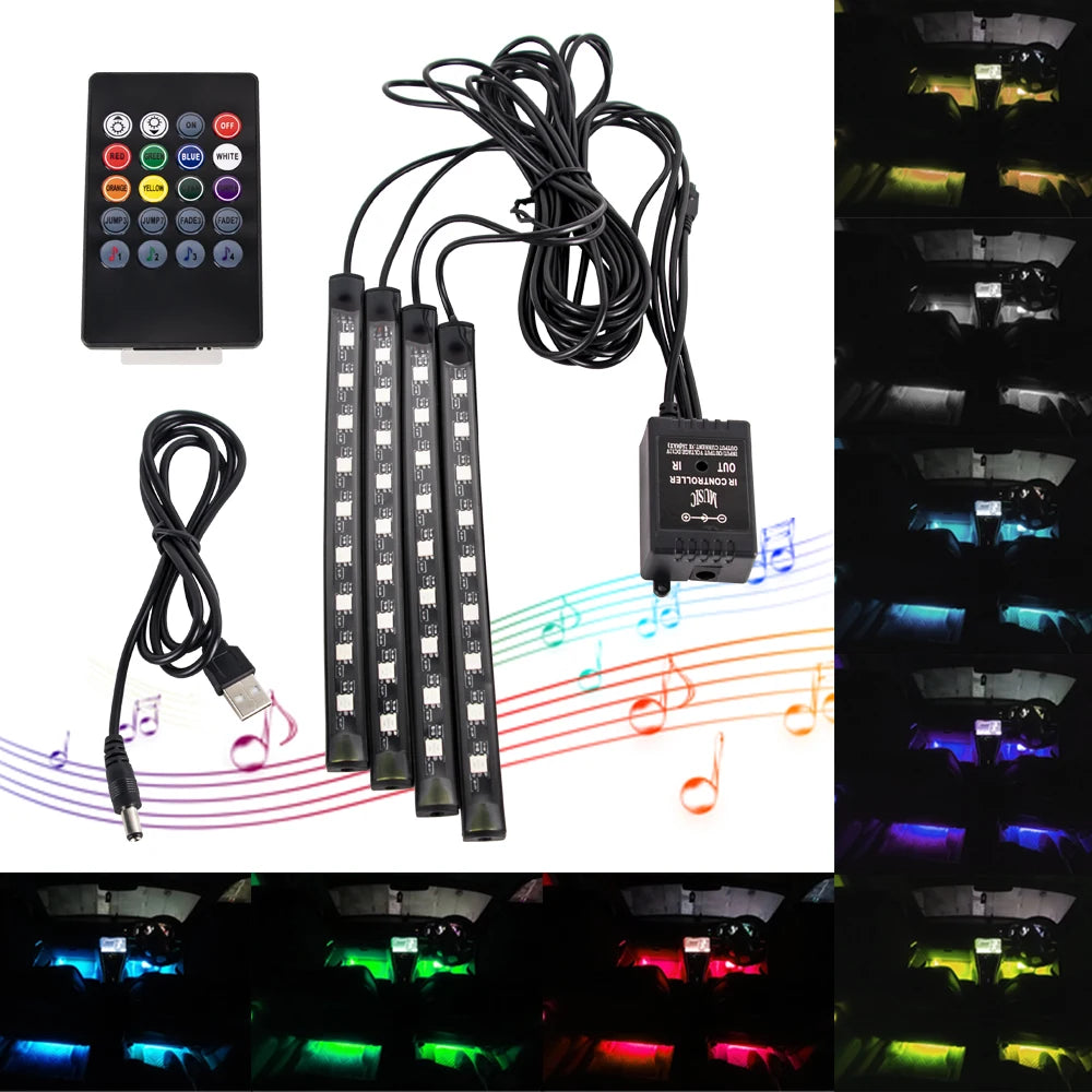 An RGB LED car ambient lighting kit showing various light patterns and installation examples.