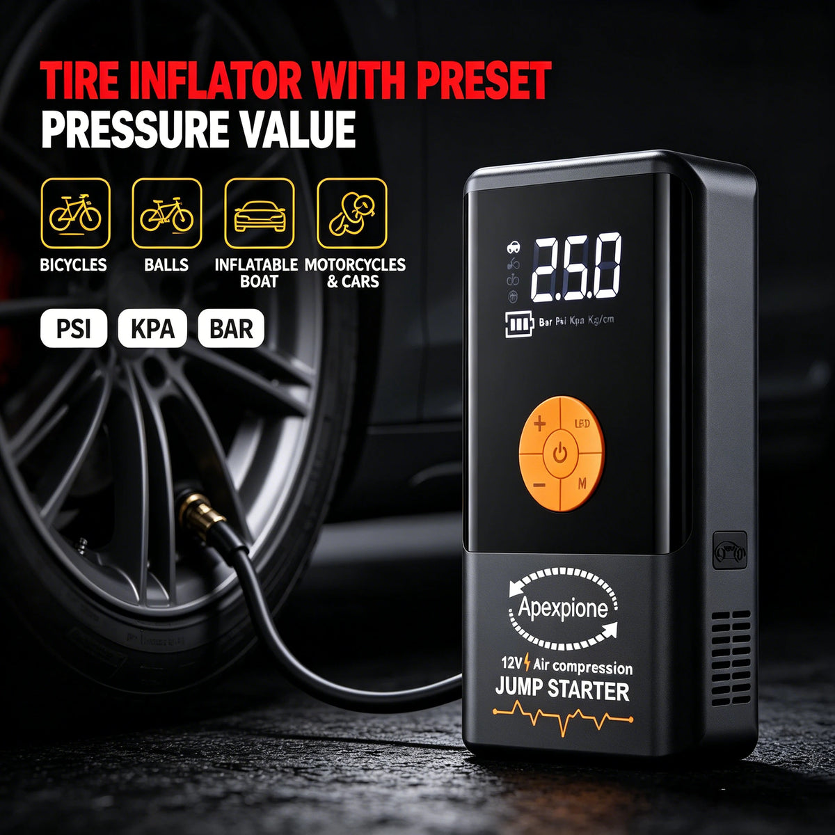 A black tire inflator with a preset pressure value display and cord, shown next to a car tire.