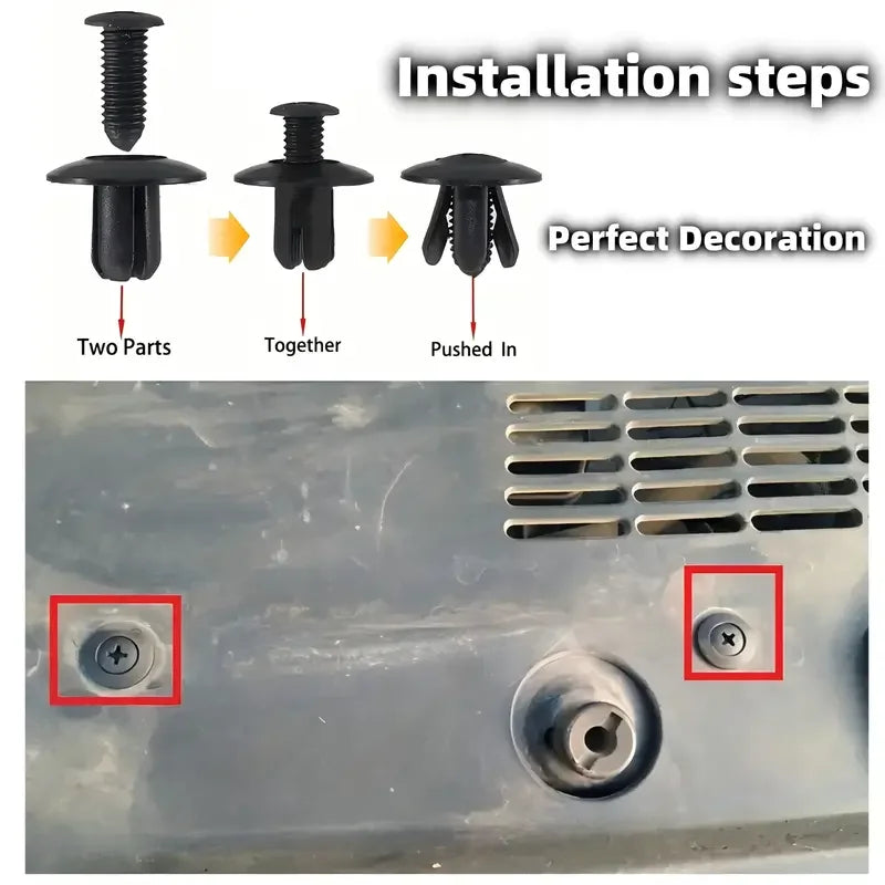 Installation steps showing how to fit an 8mm plastic rivet fastener into a surface.