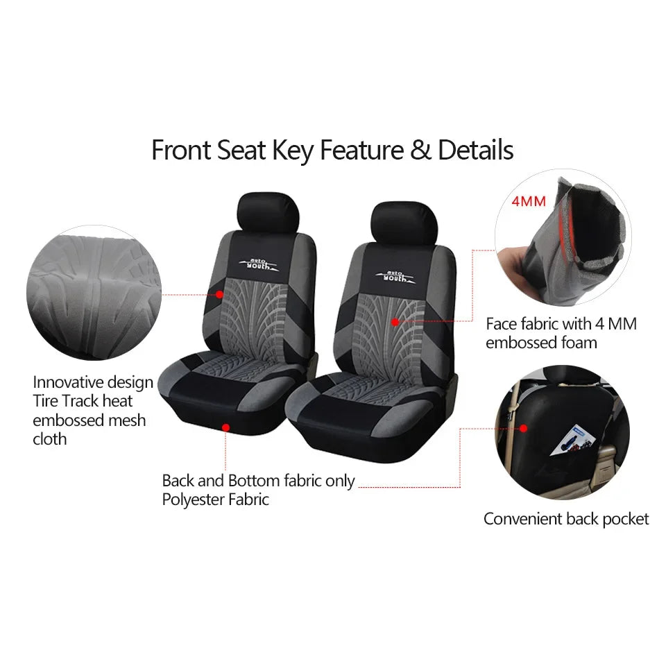 Front seat key features and details of a car seat cover set including innovative design, fabric types, and pockets