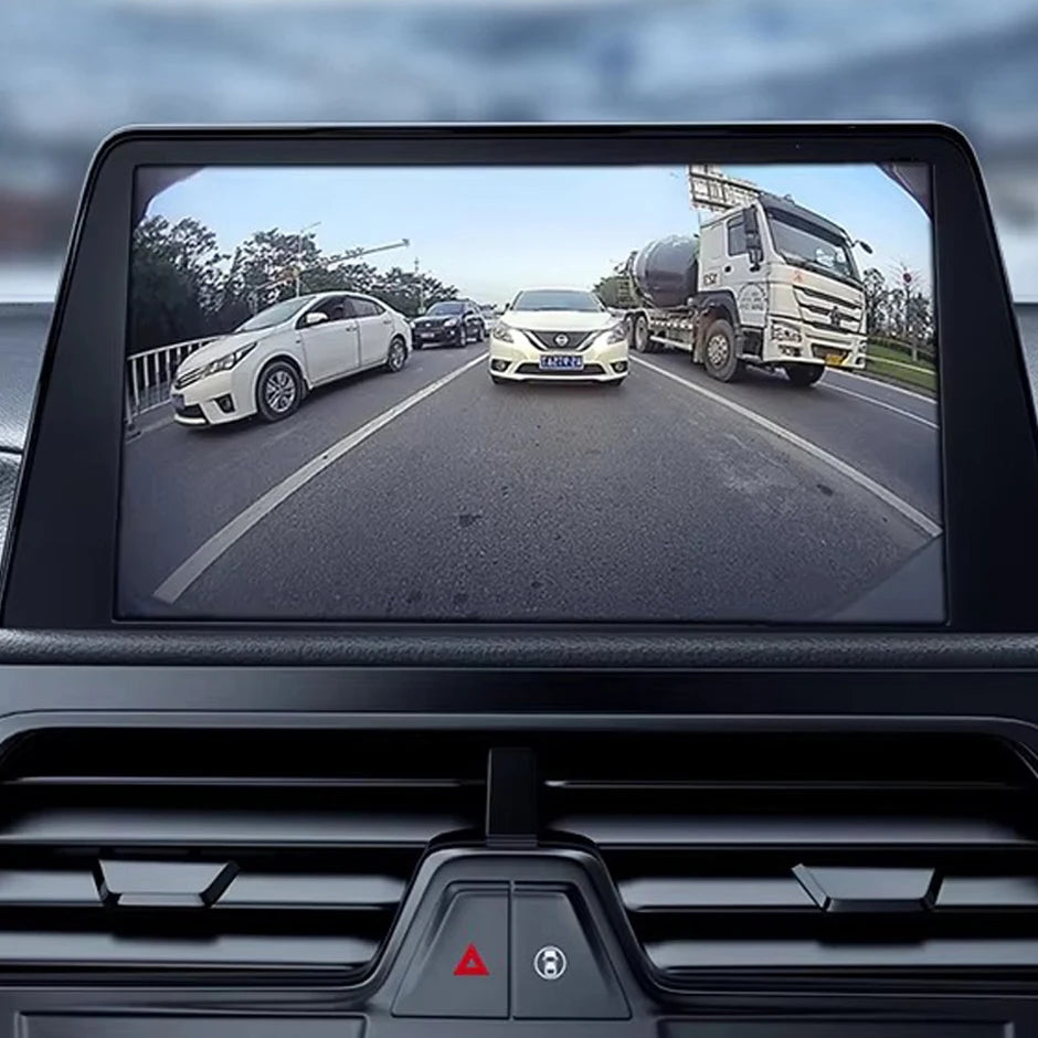 A view from a car's interior showing the field of vision of a 170° HD backup camera.