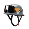 Gray half-helmet motorcycle and EV safety gear with an orange and black checkered strap