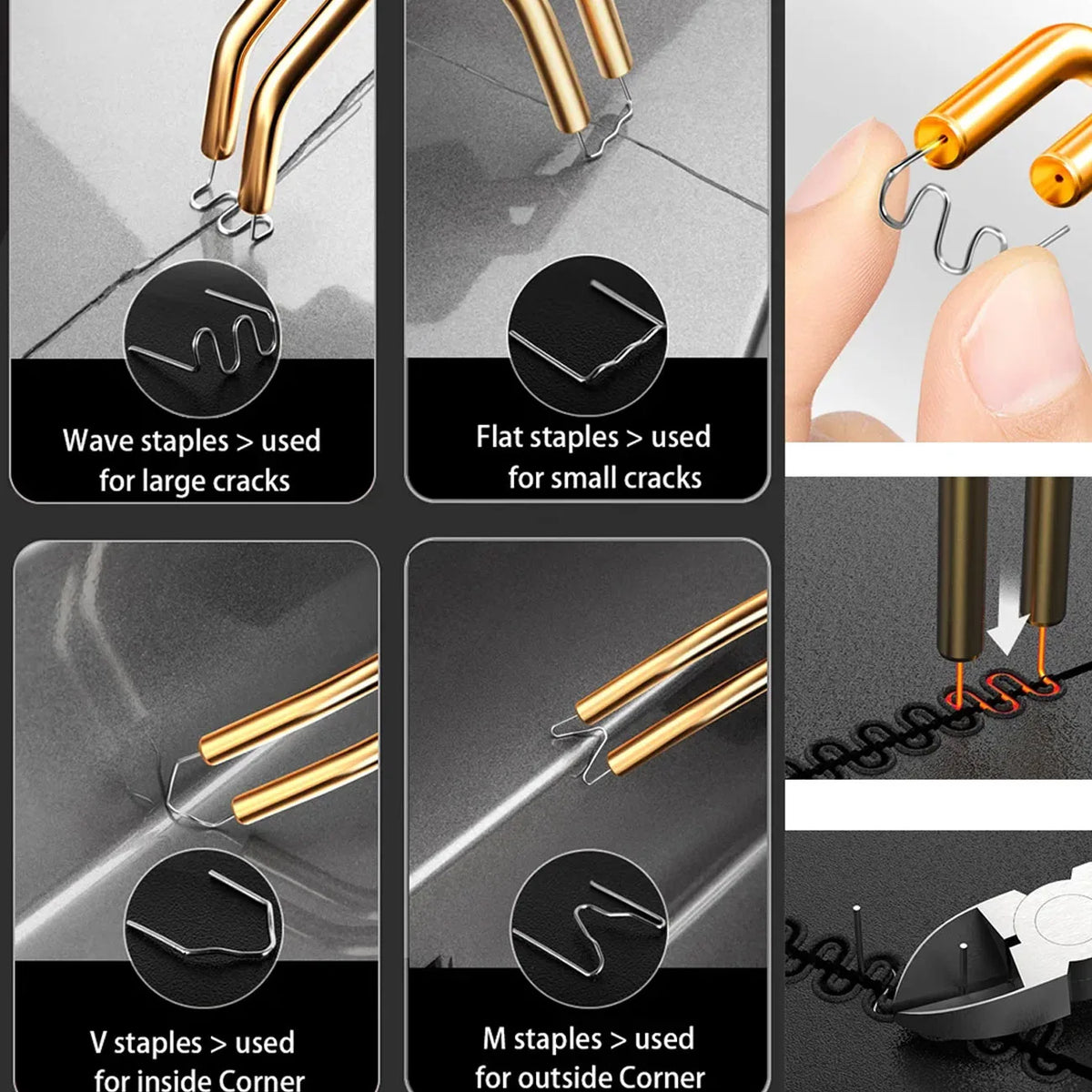 A set of heavy duty plastic welder staples including wave, flat, V, and M types for DIY repairs