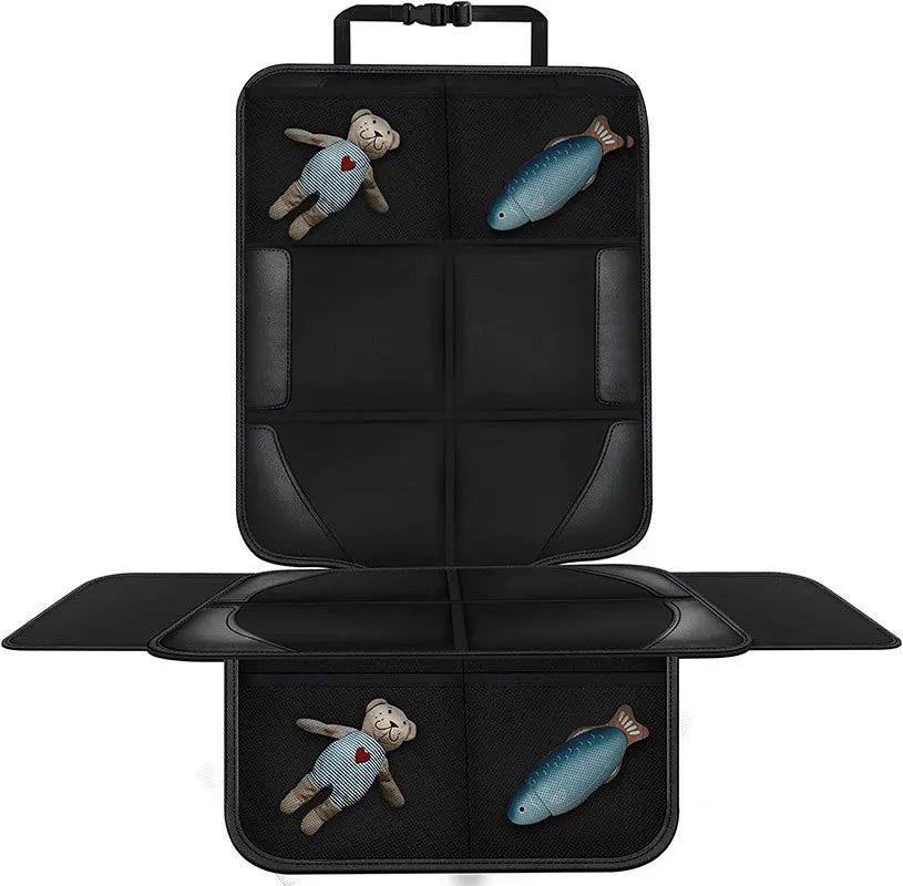 Black car seat protector pad with molded slots for holding small toys or accessories