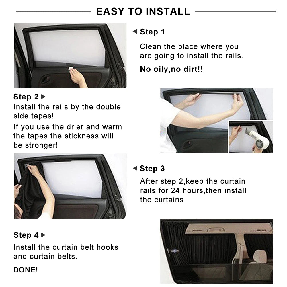 Step-by-step instructions showing how to install curtain rails and belts in a car window.