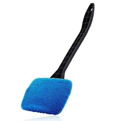 A blue sponge cleaning brush with a long black handle for car window cleaning.