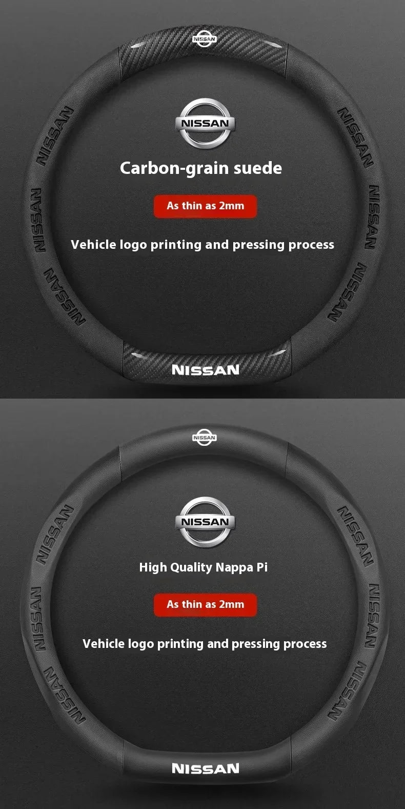 A close-up view of a black steering wheel cover, demonstrating two options: carbon-grain suede and high quality Nappa pi leat
