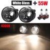 White glass halogen fog light kit with 55W bulbs and a 4300K color temperature illuminating a surface.