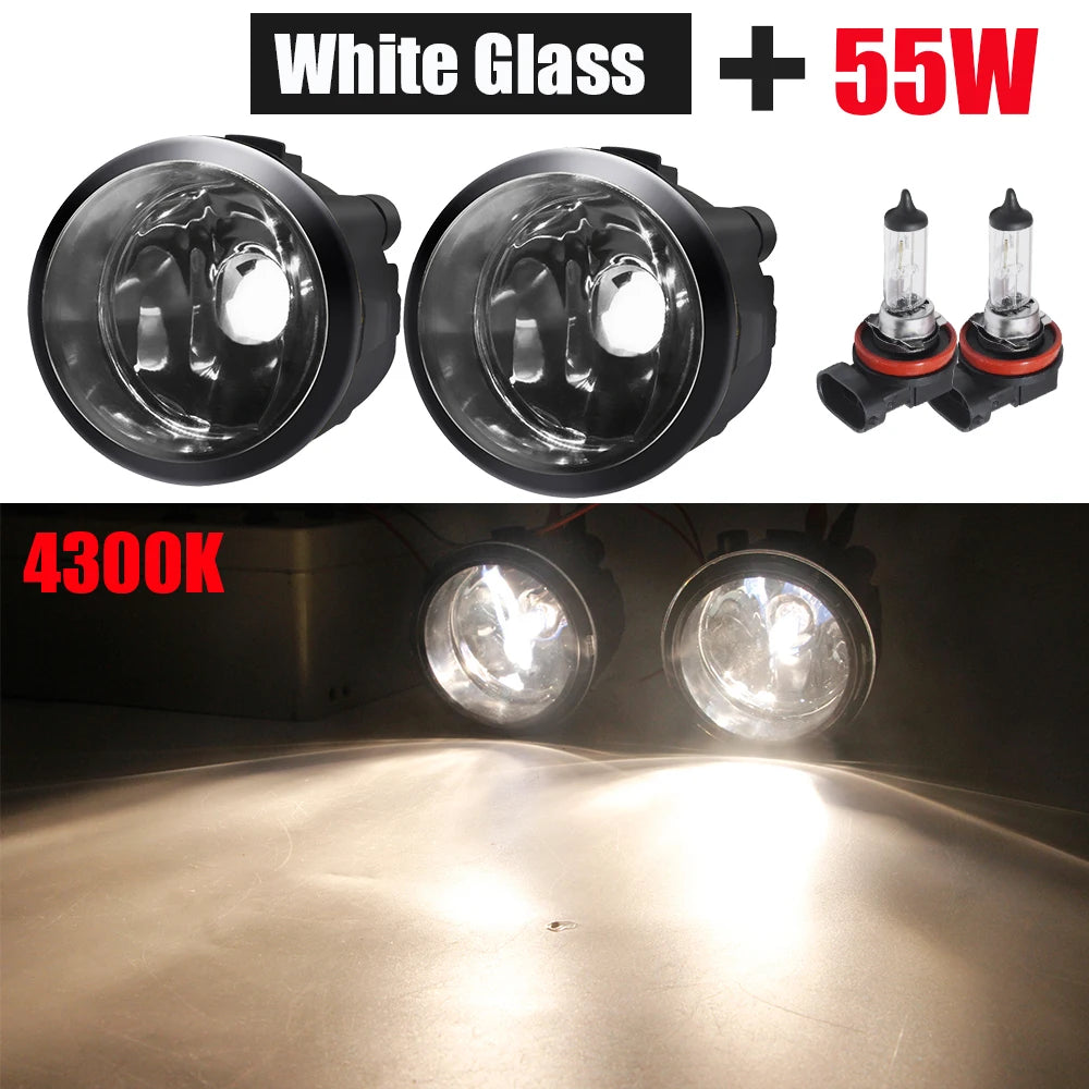 White glass halogen fog light kit with 55W bulbs and a 4300K color temperature illuminating a surface.