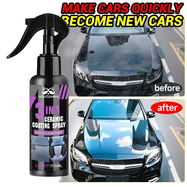A bottle of 3-in-1 ceramic coating spray is shown with before and after images demonstrating car gloss enhancement.