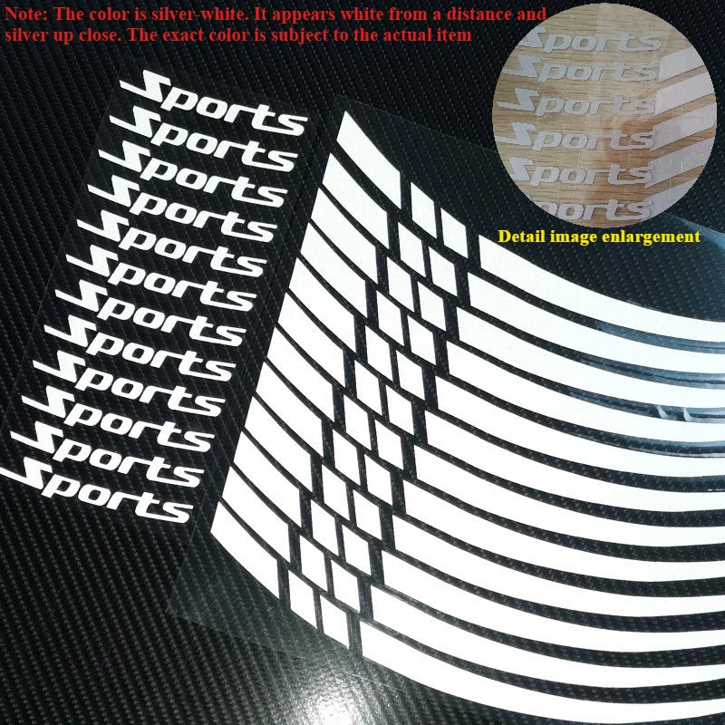 A close-up of reflective motorcycle wheel decal stickers showing the word Sports repeated in a grid pattern.